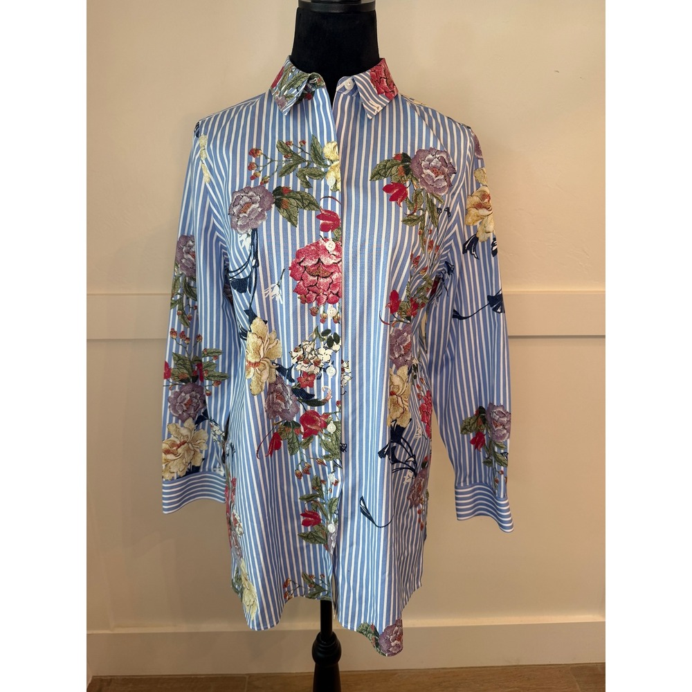 Chico's No Iron Floral Striped Button Down Tunic Top Blue‎ White Size 0 S 4/6 - Picture 2 of 7
